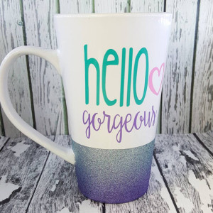 Hello Gorgeous / Tall Coffee Mug / Ombre Glitter Dipped / Teal & Purple