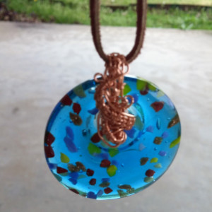 Glass Pendant Necklace Handmade Woven Copper Wire Bale on Leather Cord