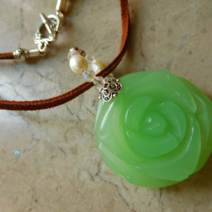 Natural Dye brown Leather Boho necklace with Aventurine rose carved pendant and freshwater pearls. #N0083