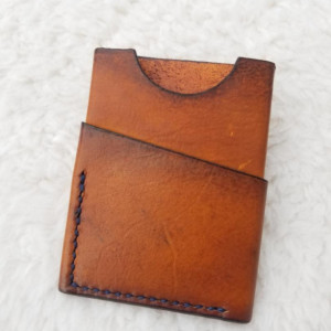 Leather Card Wallet Light brown with navy blue thread