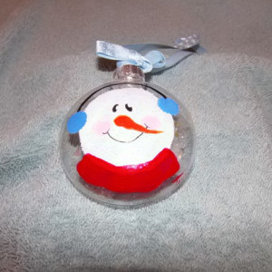 snowman christmas ornament, clear glass, handpainted
