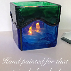 Hand Painted Large Blue Green Waves Square Faux Stained Glass Candle Holder 