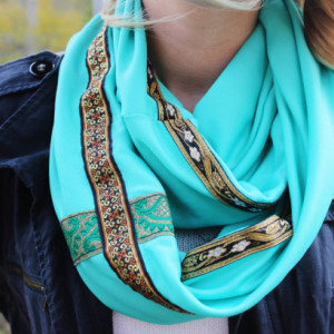 Teal Green Bohemian Infinity Accented with three Aztec Ribbon Trims of Various Patterns - Green, Gold, White, Black, Orange