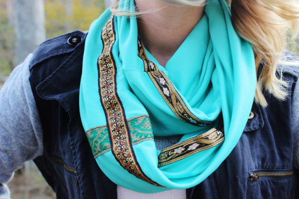 Teal Green Bohemian Infinity Accented with three Aztec Ribbon Trims of Various Patterns - Green, Gold, White, Black, Orange