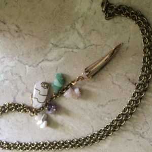 Boho Long Necklace with mother pearl claw pendant and stones charms, #N00148
