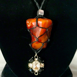 CARNELIAN with DRUZY Crystal Healing Necklace with a Black and Clear Rhinestone Jewel