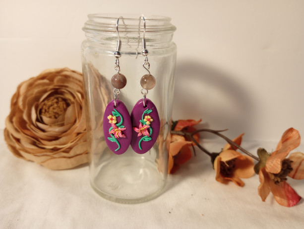 Polymer Clay Violet purple flower earrings