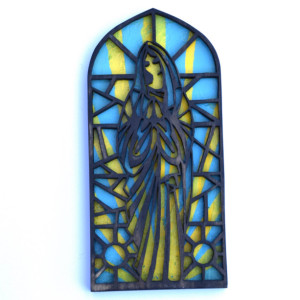 Wood Virgin Mary Wall Hanging Stained Glass