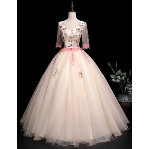 Unique pink tulle v neck long lace applique evening dress with mid sleeve