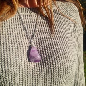 Crystal Amethyst Necklace Wire Wrapped Stone,  Bohemian Jewelry,  Gypsy Stones,  Faerie Jewelry, Crystal Gemstone Necklace OOAK Pagan Metaph