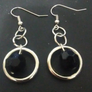Black Faceted Round in Silver Rings Earrings