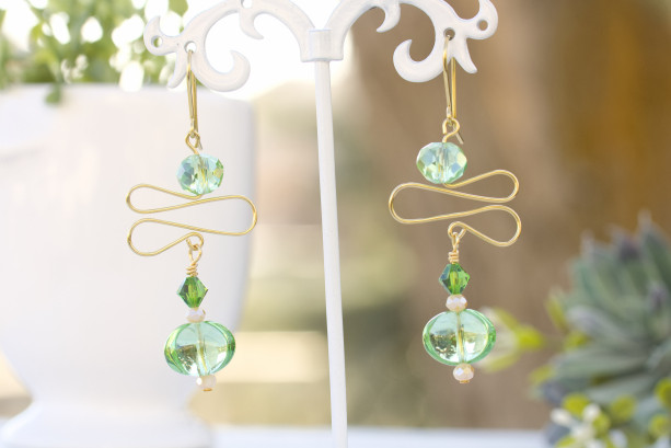 Gold Swirls, Swarovski Emerald, Peridot Gemcut and Green Ovals Glass Earrings