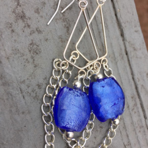 Chandelier earrings, chain earrings, blue glass earrings, bead earrings, dangle earrings