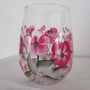 Wine Glasses Stemless Impatiens hand painted 