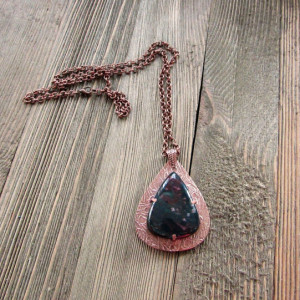 Pendulum Shaped Copper Metal Clay and Bloodstone Pendant