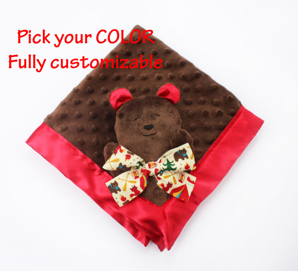 Brown Minky Bear Security Blanket, Teddy bear Lovey, Satin Baby Blanket, Stuffed Animal, Baby Toy - Customize Color - Monogramming Available