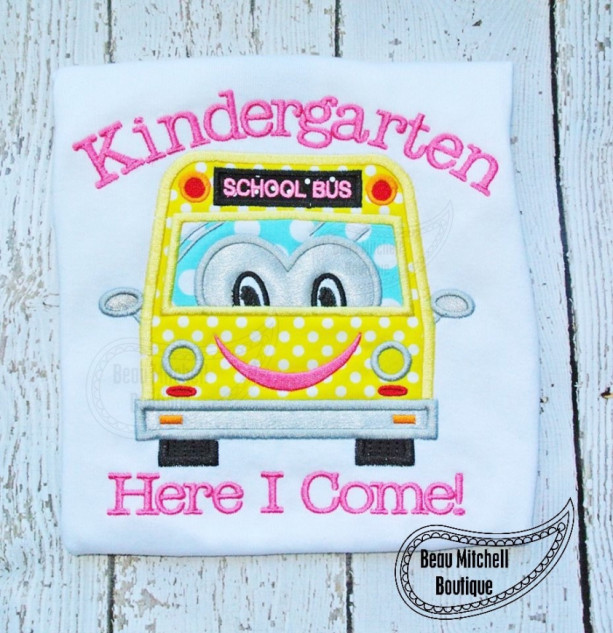 Kindergarten Here I Come Shirt - Back to School Shirt - School Bus -  School Shirt  - Personalized Appliqué Shirt - Back to School Shirt