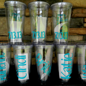 Set of 7 Custom Personalized Bridesmaids Cups with Glitter Vinyl for the BRIDE  Names and dates Makes a great Gift