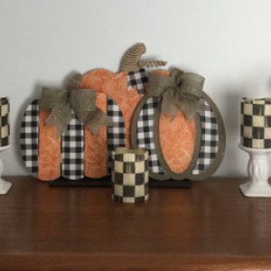 Fabric covered MDF, pumpkin trio.  Sit on shelf, table, or hang on wall.  