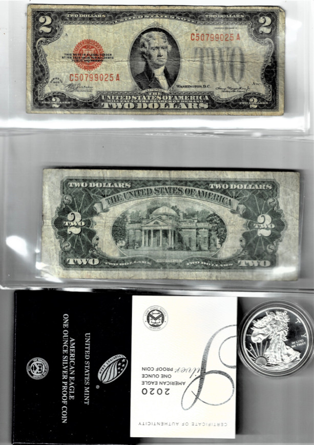 EXTREMELY RARE 2- 1928 D RED 2 DOLLAR NOTES W BONUS 2020SILVER EAGLE TRIBUTE/BOX & COA