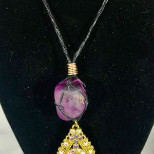 PURPLE FLUORITE Healing Crystal Necklace with a Brass Rhinestone Jeweled Fan