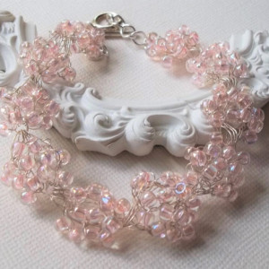 Pink Crystal Wedding Bracelet Bridesmaids Flower Girl Bridal Bracelet Seed Bead Country Woodland Pink Wedding Silver Plated Wire Crochet