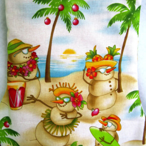 Snowmen in Paradise Stocking - Handmade Tropical Christmas Stocking with Snowmen on the Beach, Lined Xmas Stocking, Unique Holiday Sock