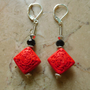 Square Red Cinnabar carve earrings, with silver tone lever back earrings. #E00308