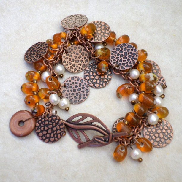Dimpled Jungle copper, freshwater pearl, hand-blown glass and leaf toggle Bracelet