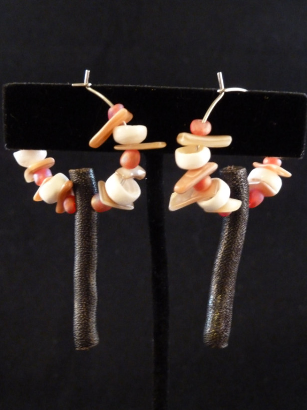 Black Branch Coral with Hawaiian Puka Shells, Pink Sea Glass, and Shell Chips of Hoop Earrings