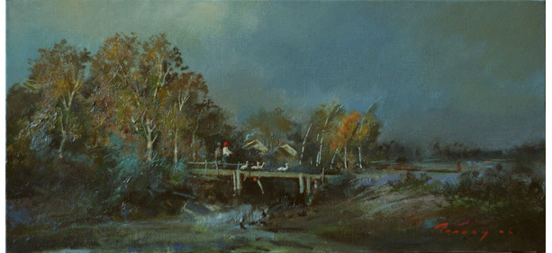 bridge, by Bogdan Goloyad oil on canvas 16x34