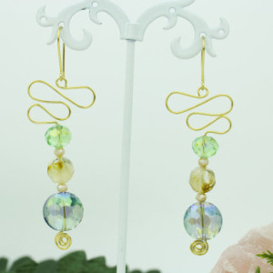 Gold Swirls, Faceted Green and Blue Round Glass Earrings