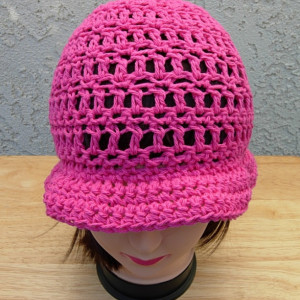 Women's Hot Pink Summer Sun Hat, Lightweight Cotton Crochet Knit Solid Dark Pink Beach Beanie, Bucket, Cap with Brim, Ready to Ship in 3 Days