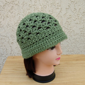 Solid Olive Green Summer Beach Sun Hat with Brim, 100% Cotton Lacy Cloche, Women's Crochet Knit Beanie, Lightweight Warm Weather Chemo Cap, Ready to Ship in 3 Days