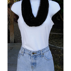 Women's Solid Black Lacy SUMMER INFINITY SCARF Small Cowl, Extra Soft Skinny Lightweight Crochet Knit Endless Loop, Lace Neck Tie..Ready to Ship in 3 days