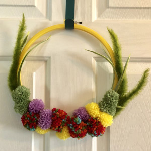 Dogs Tail and Pom Pom Flowers Embroidery Hoop Wreath - Yellow Hoop Wreath - Pom Pom Yarn Wreath - Crested Dog Tails Cactus Wreath