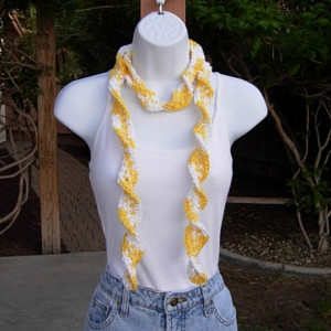 Yellow and White Skinny SUMMER SCARF Small 100% Cotton Spiral Twisted Crochet Knit Narrow Lightweight Curly Women's Scarf, Ready to Ship in 3 Days