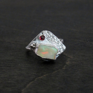 One Carat Opal Garnet Accent Recycled Sterling Silver Bird Ring Engagement Ring Size 7 Ready to Ship