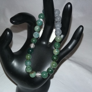 Indian Moss Agate Gemstones w/Lava Stone Diffuser Mens Bracelet
