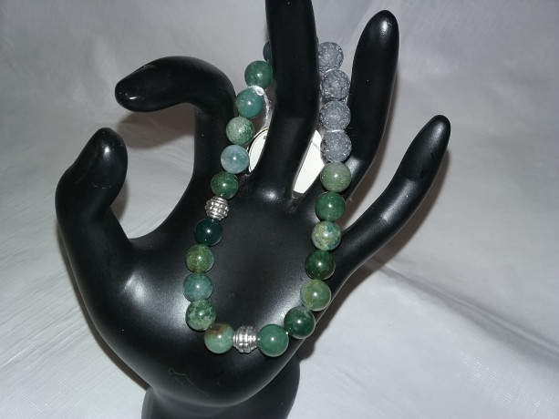 Indian Moss Agate Gemstones w/Lava Stone Diffuser Mens Bracelet