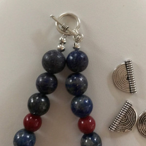 Silver Plated Black Glass, Blue & Red Acrylic Necklace