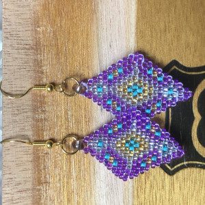 Purple and Gold Geometric Shaped Beaded Earrings