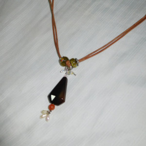 Smoke quartz  Necklace with Millefiori Rondelle Glass Beads, orange agate , pearls and crystals pendant #N00113