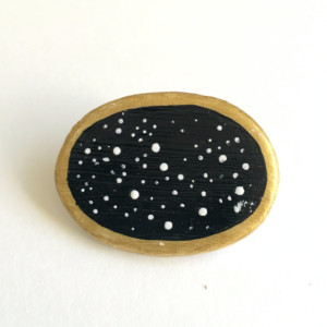 Handmade Clay Brooch Night Sky Pin Oval Artisan Jewelry Accessory Black Stars