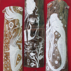 Set of 3 Fantasy Mermaids- ORIGINAL ART- Hand Painted  on drift wood- beach decor- Mermaid decor