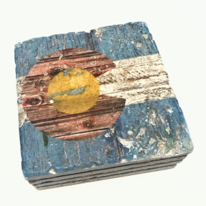 Colorado State Flag Natural Stone Coasters with Barnwood Look, Set of 4 with Full Cork Bottom