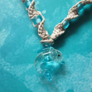 Handmade Natural Hemp Necklace with Awesome Blue Glow Glass Dolphin Pendant and Matching Blue Glass Beads- Beach Hemp Necklace