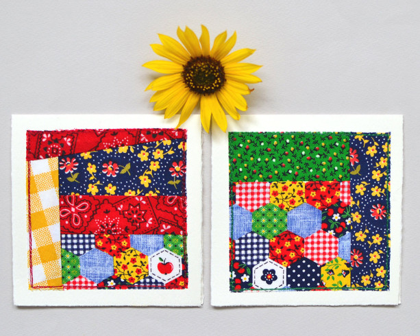 Bright fabric card set -- two patchwork quilt block cards made by hand