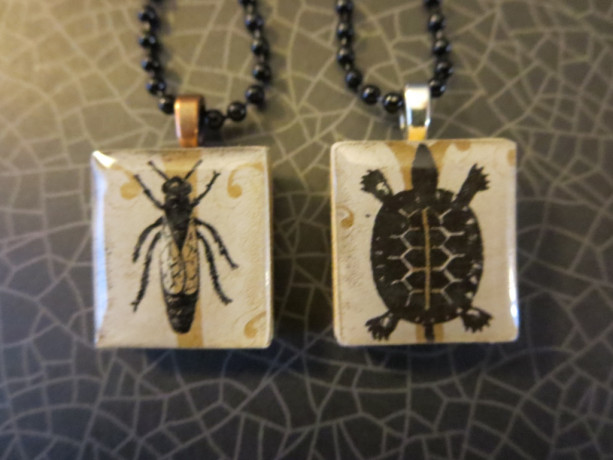 Set of 2 Scrabble® Game Tile Pendants Insect & Turtle