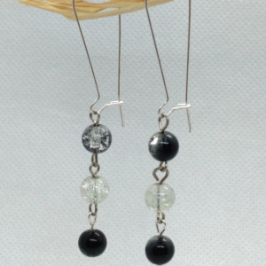 Black and Crystal Crackle Glass Bead Drop Earrings on Kidney Wire Hooks by Cumulus Luci